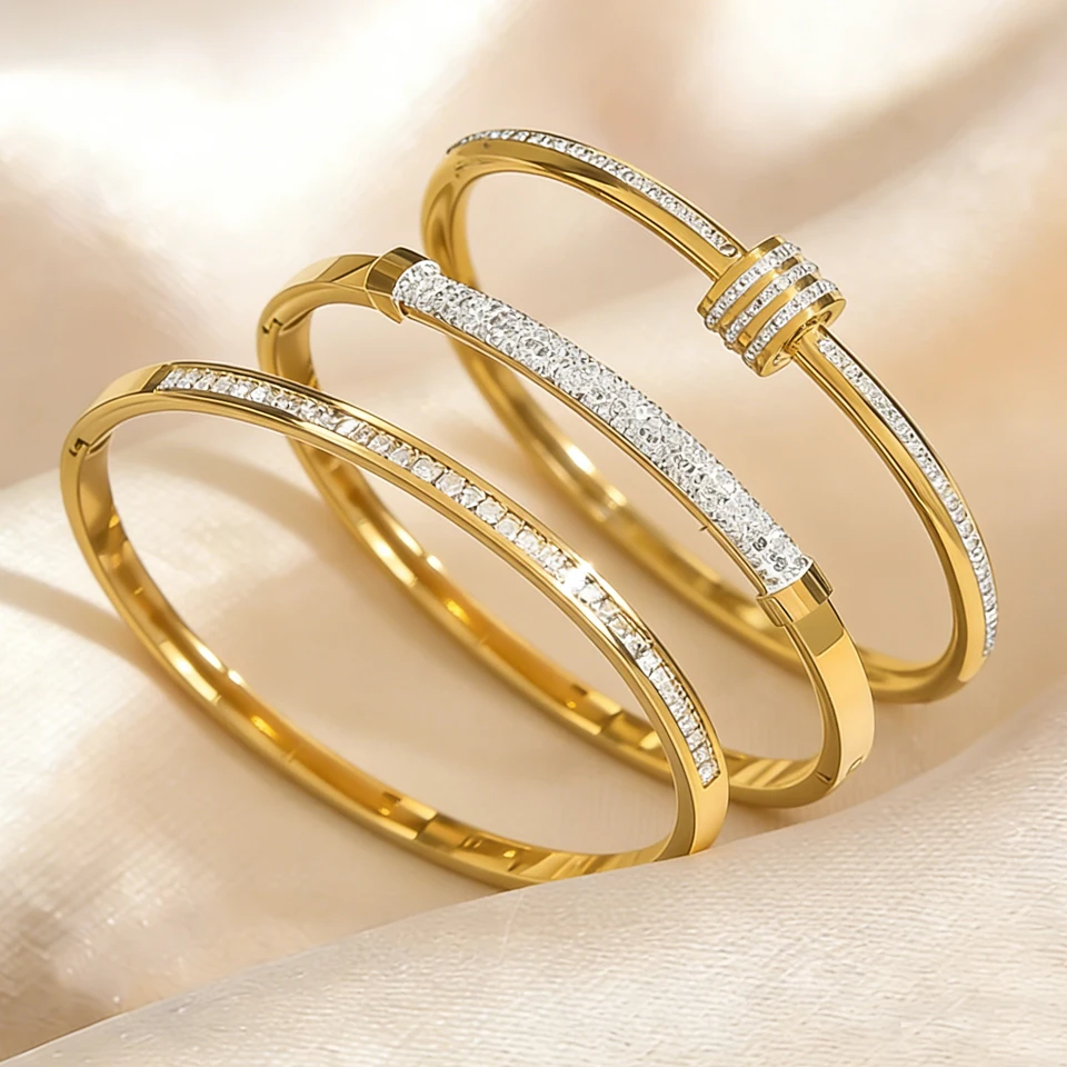 Yupsk 3/1Pcs Classic Stainless Steel Bracelet Set for Women Men Buling Zirconia Bangles Versatile Stacking Fashion Accessories
