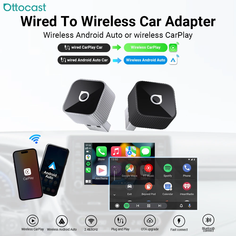 Ottocast Mini Slim Carplay Wireless Adapter Wireless Android Auto Adapte Rmini Dongle Plug AndPlay Fast Wireless Carplay Adapter