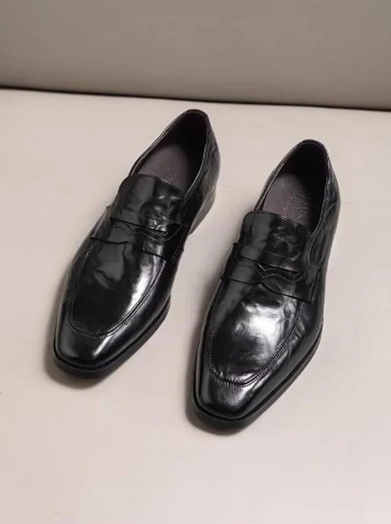 High Quality Sheepskin Lining Anti-wrinkle Hand-grain Craft Business Casual Leather Shoes For Men Black Dress Loafers