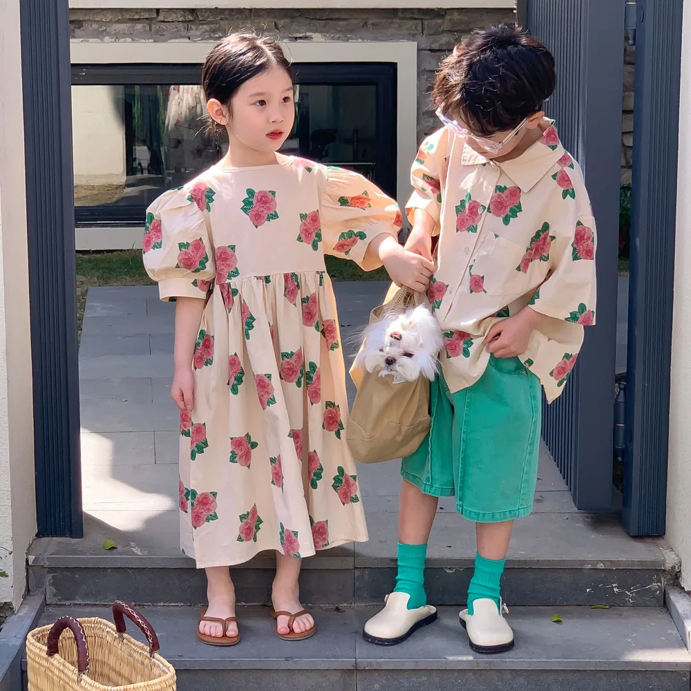 Vacation Summer Sibling Matching Outfits Kids Floral Print Set Boy Short Sleeve Shirt + Shorts Girl Puff Sleeve Dress Beach Wear
