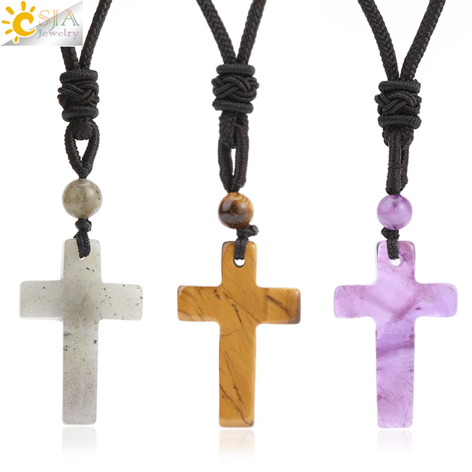 CSJA Natural Stone Cross Pendant Necklace for Man Healing Tiger Eye Amethysts Crystal Necklaces for Women Jewelry Gift H254