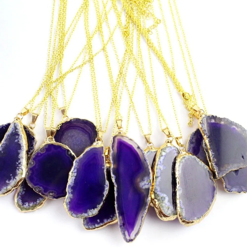 60*40mm Irregular Agate Geode Handmade Plated Gold Edged Druzy Agate Pendant DIY Jewelry Making Necklace Agate Wind Chime