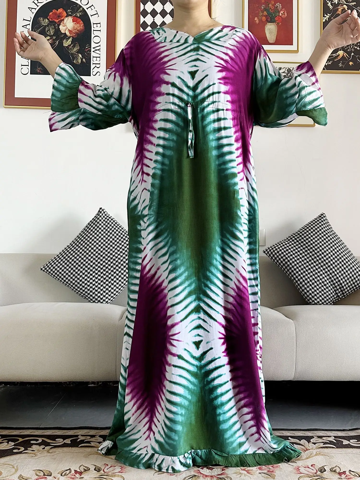 2024 New African Women Long Sleeve Tie-dyed Colorful Dashiki Cotton Floral Dress Printing Loose Caftan Dress Casual Vestido