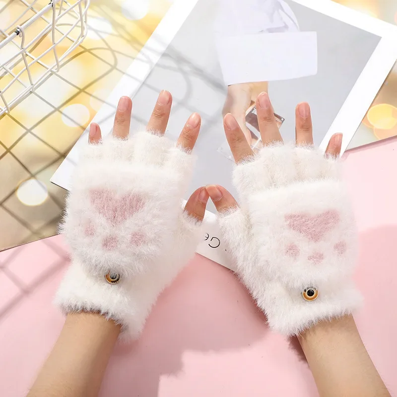 Women Girls Lovely Winter Warm Fingerless Gloves Girls Fluffy Bear Cat Plush Paw Claw Half Finger Gloves Mittens Gifts New