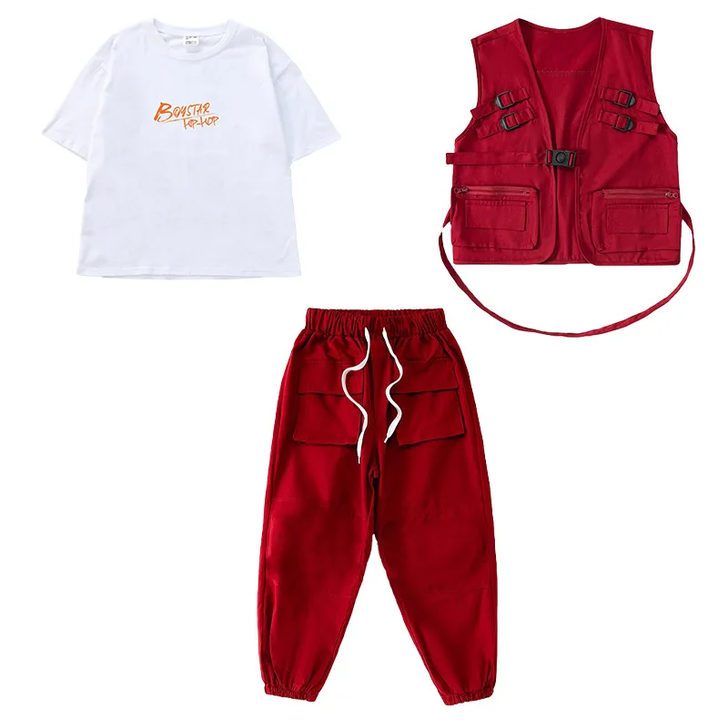 Monos para niños de 4 a 15 años, traje de chaleco rojo, pantalones de Hip Hop para niños, traje de chaleco rojo de moda de baile Jazz para niñas