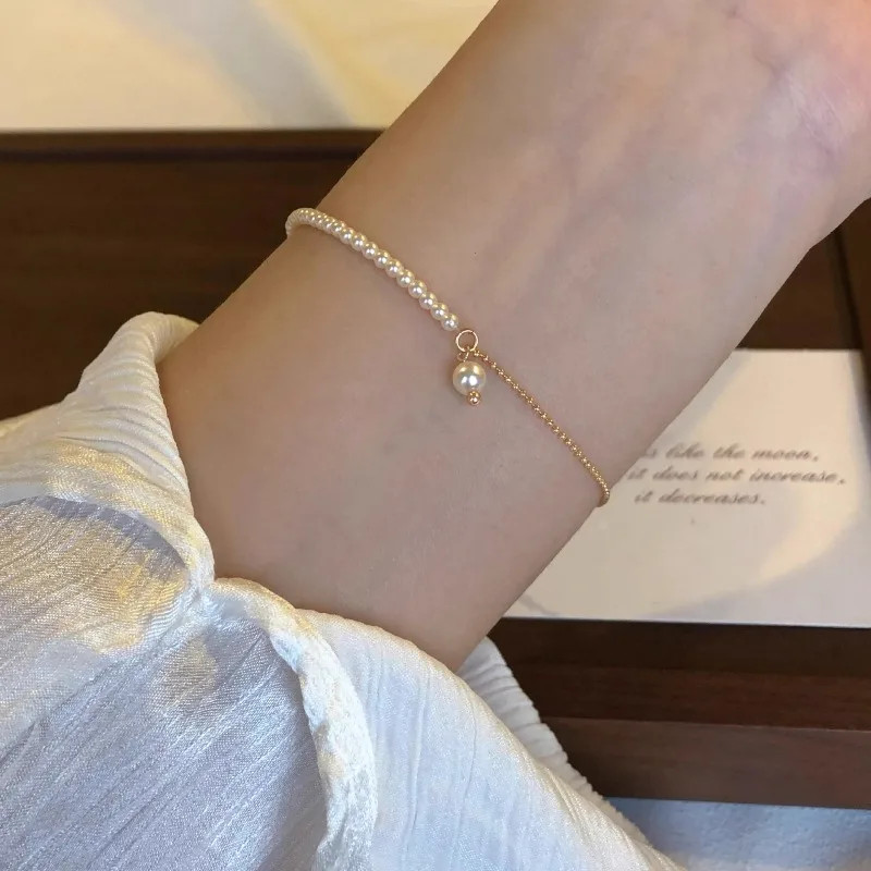 Sweet Fashion 925 Sterling Silver Extremely Fine Pearl Asymmetry Bead Chain Bracelet for Woman Girl Charm Jewelry Accessory Gift