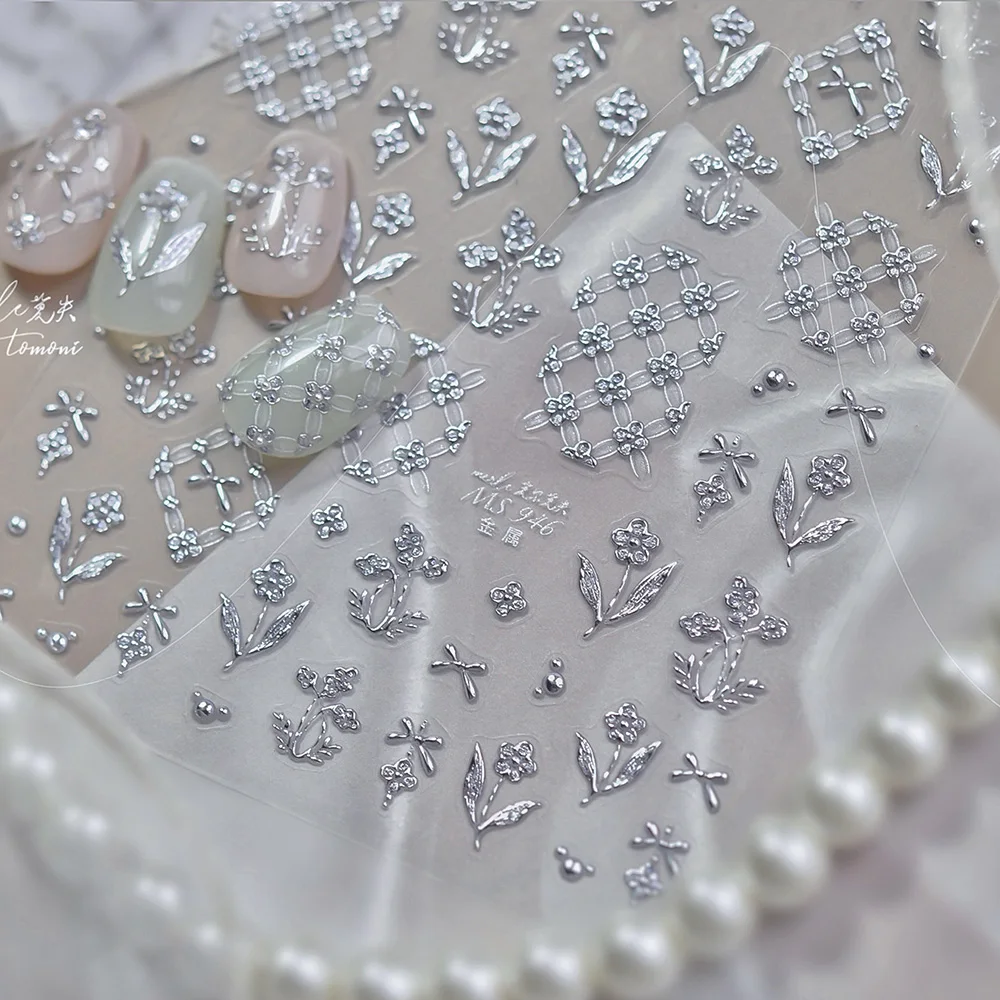 Silver Lattice Flower Sticker 5D Embossed Premium Self Adhesive Gilded Flower Nail Stickers Decals DIY Refined Classic Slider