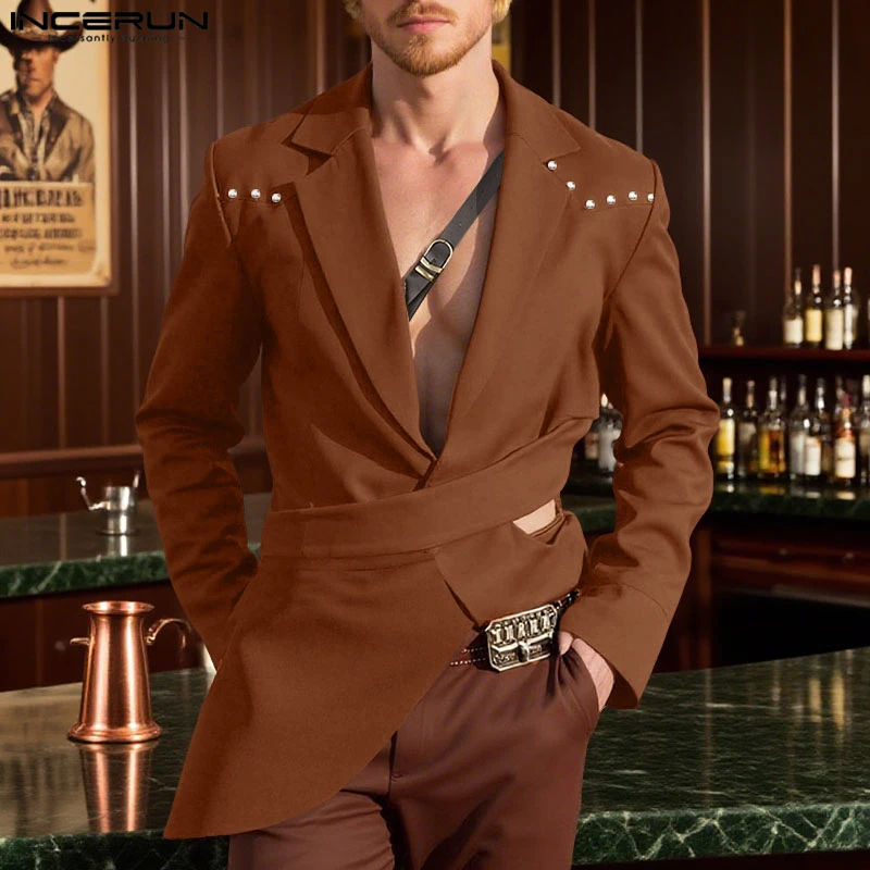 INCERUN Męska asymetryczna marynarka, jednolity kolor, klapy, długi rękaw, ażurowa, casualowy garnitur męski, moda streetwear, cienkie płaszcze, męska marynarka