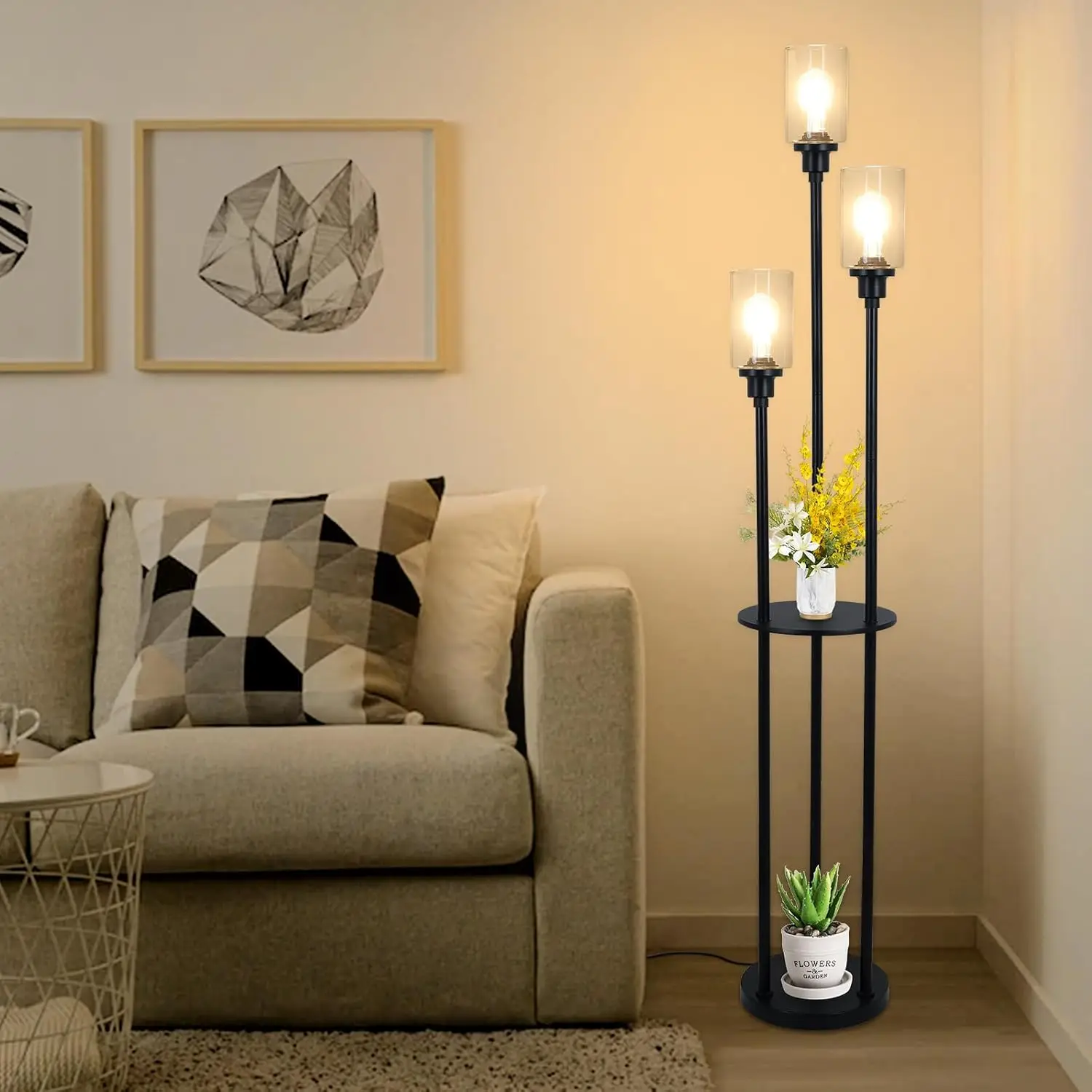 Hmvpl Floor Lamps For Living Room, 3-Lights Modern Floor Lamp With Shelves, Farmhouse Standing Lamp With Glass Shades, On/Off