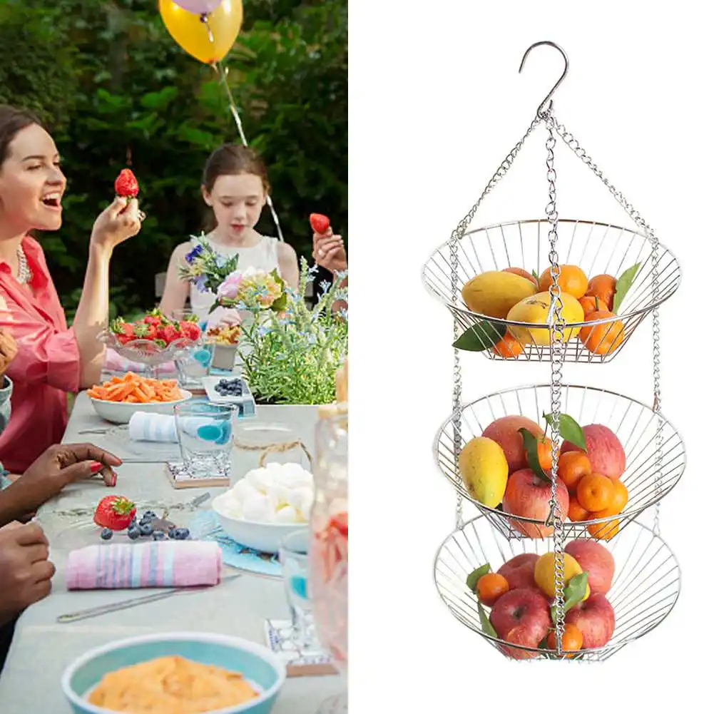 Hanging Fruit Basket Iron Art 3-Layer Baskets Fruit Tray Drain Basket Household Fruit Bowl Storage Basket