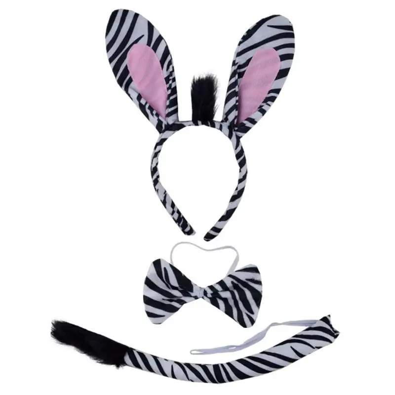 652F Zebras Ears Headbands and Tail Bowtie Animal Cartoon Stage Hairband Zebras Ears
