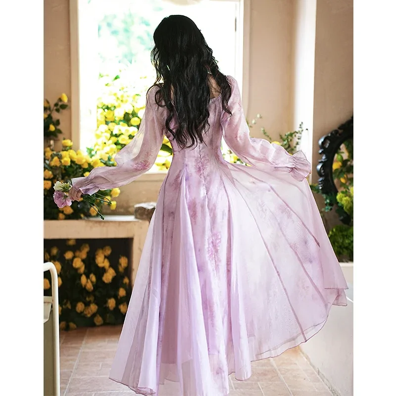 Donne dolce francese collo quadrato Vestido viola Chiffon filato stampa abiti da fata retrò autunno maniche svasate elegante vestito da partito