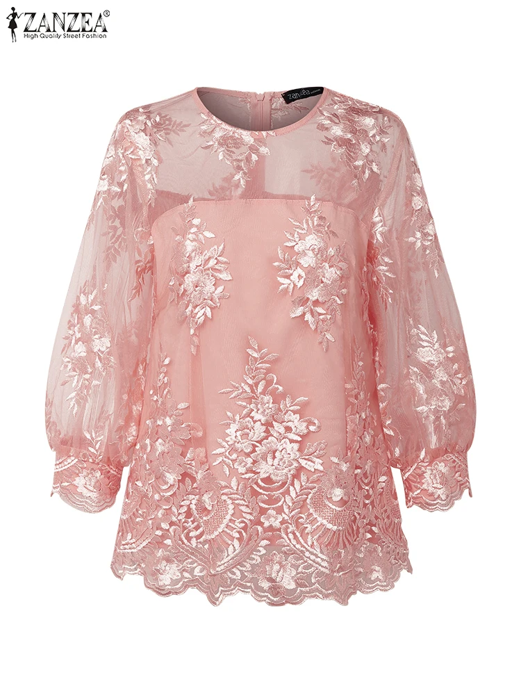 ZANZEA Elegant Blouse Women Shirts 2025 Autumn Puff Sleeve See-through Lace Fashion Tops O-Neck Loose Office OL Casual Blusas