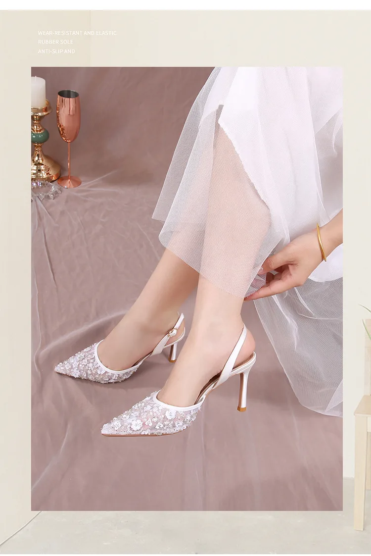 New summer pearl front bag and back strap high-heeled sandals, women's French lace wedding party high-heeled shoes