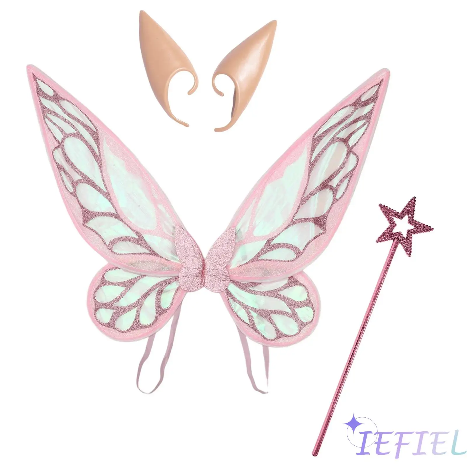 

Deluxe Fairy Costume Kit with Glittery Adjustable Wings And Silicone Elf Ears Star Shape Fairy Stick for Masquerade Ball Events
