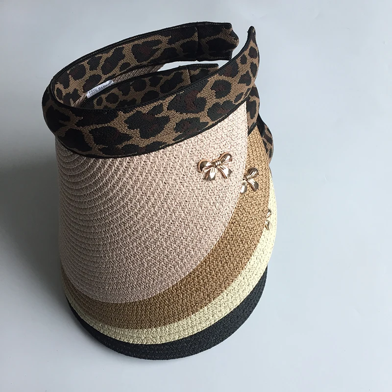 2019 New Woman\'s Sun Hats Female Leopard Bowknot Visor Caps Hand Made DIY Straw Summer Cap Casual Shade Hat Empty Top Hat Beach