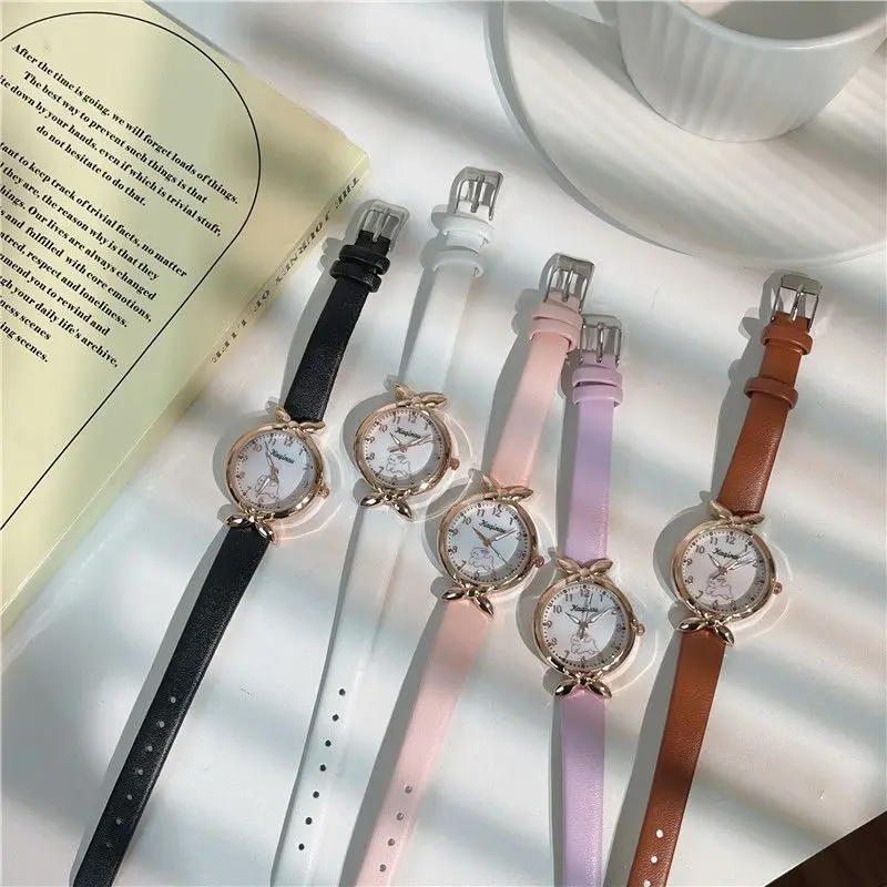 นาฬิกาควอตซ์กันน้ำขนาดเล็กสำหรับเด็กผู้หญิงนาฬิกาหนังสีดำเป็นของขวัญวันเกิด