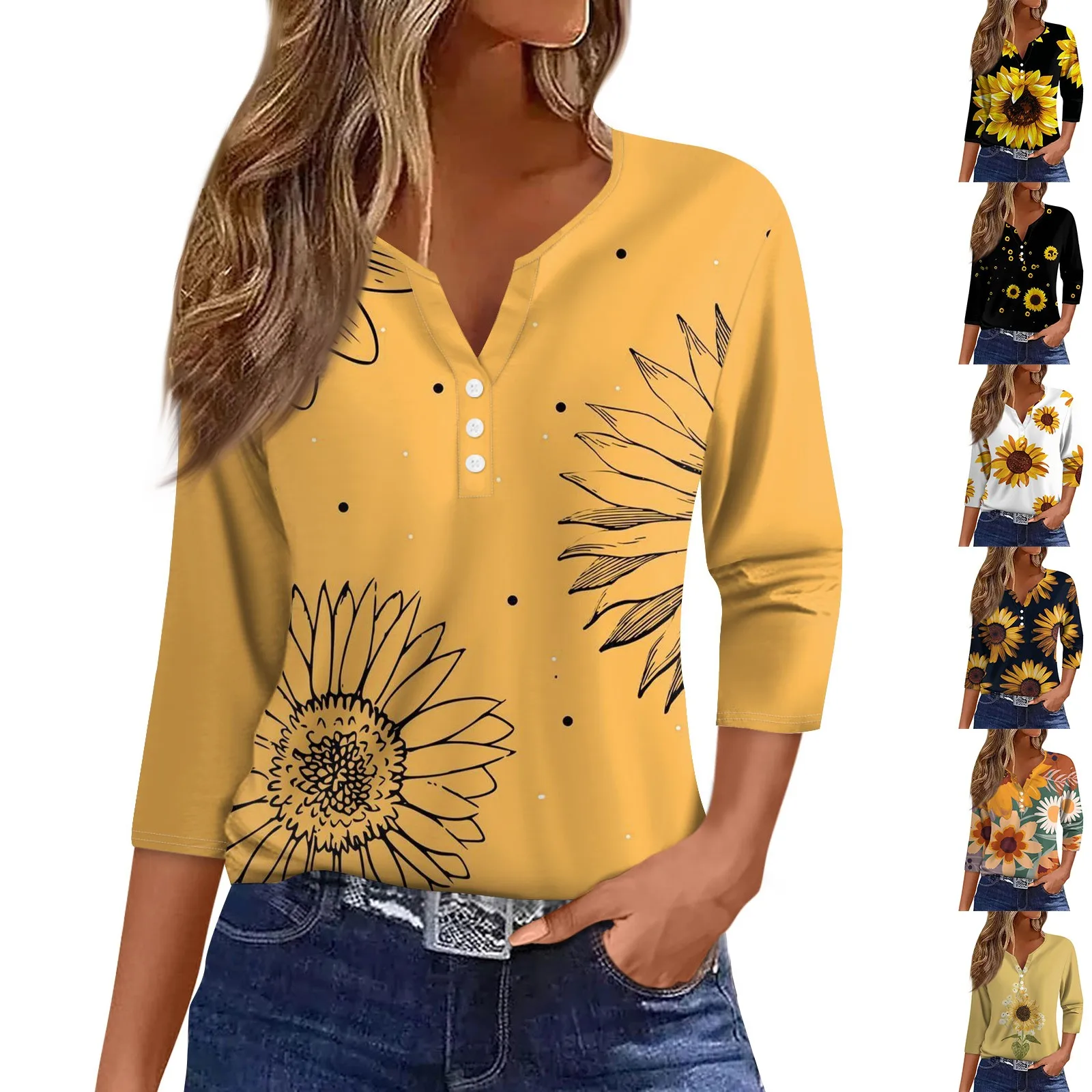 Fashion Women\'s Summer T-Shirts Sunflower Printed Loose Casual 3/4 Length Sleeve TShirts Button V-Neck Basic Tops Plus Size