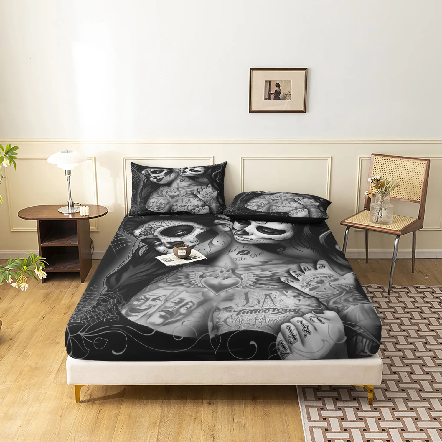 3Pcs Gothic Tattoo Skull Girl Bedding Set,Black Grey Skeleton Print Fitted Sheet Set, For All Season Home Family Dormitory Hotel