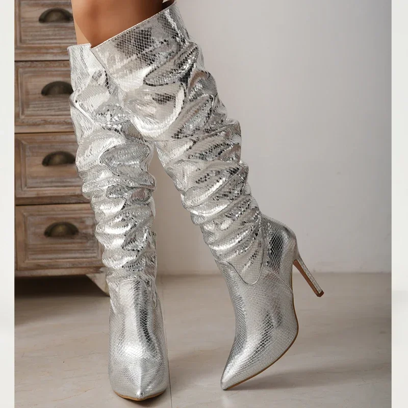 Eilyken Street Style Silver Women Knee High Boots Sexy Pointed Toe Thin High Heels Long Side Zipper Female Shoes