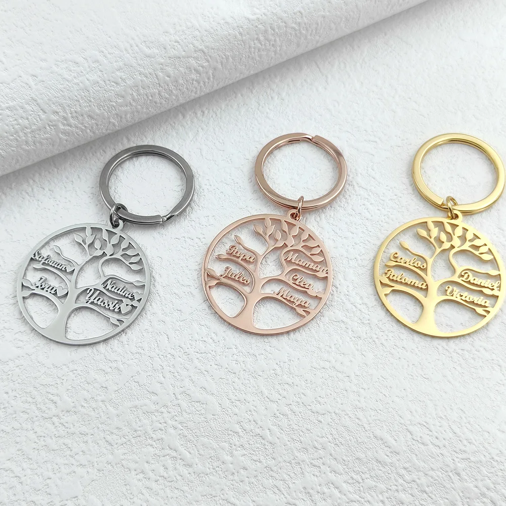 Personalized Custom Family Member Names Keychain Stainless Steel Mens Round Tree of Life Pendant Keychains Fashion Jewelry Gifts