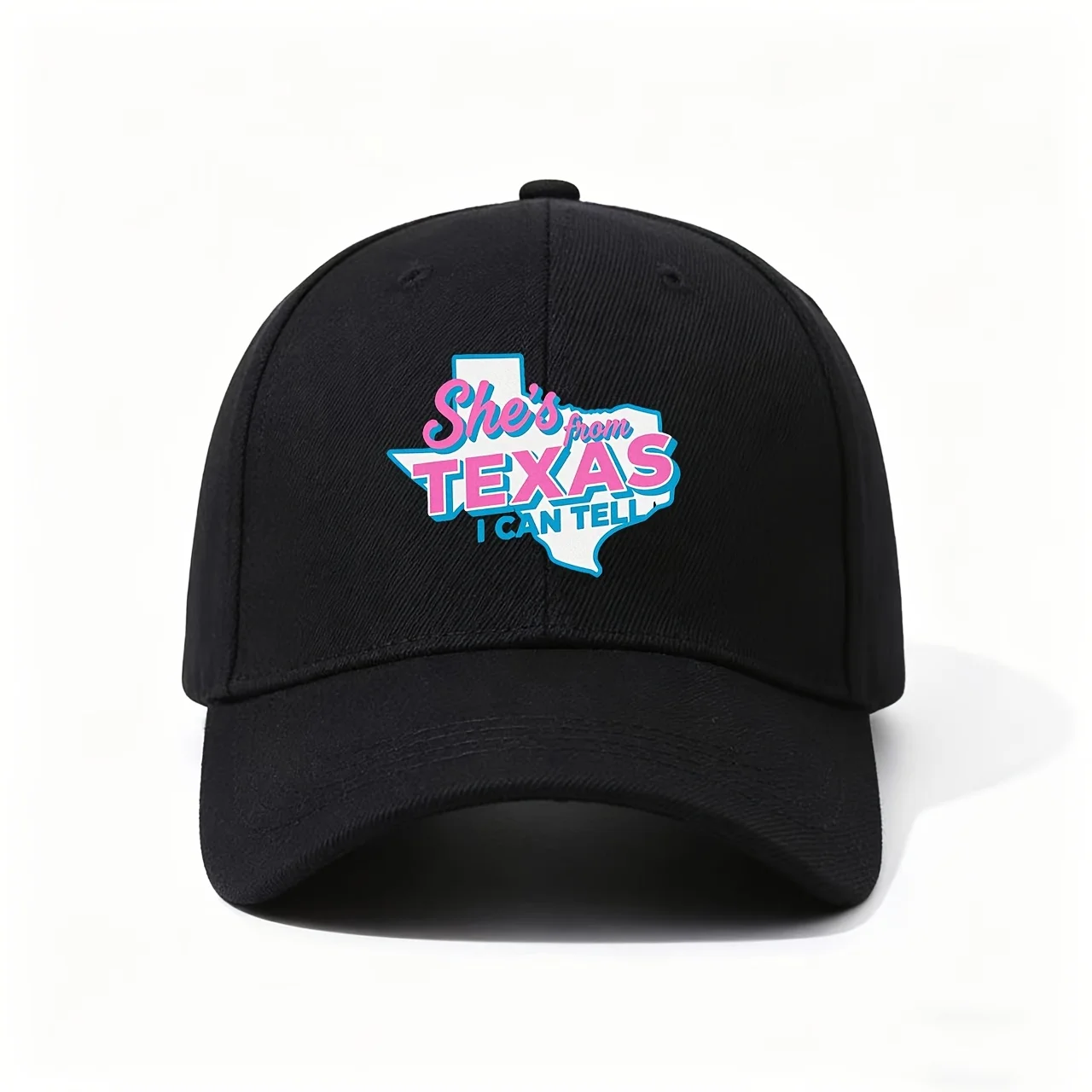 Baseball Cap, Showcasing 'She'S from TEXAS I CAN TELL' Print Over Texas State Outline, Vibrant Pink And Blue Retro Design, Soft