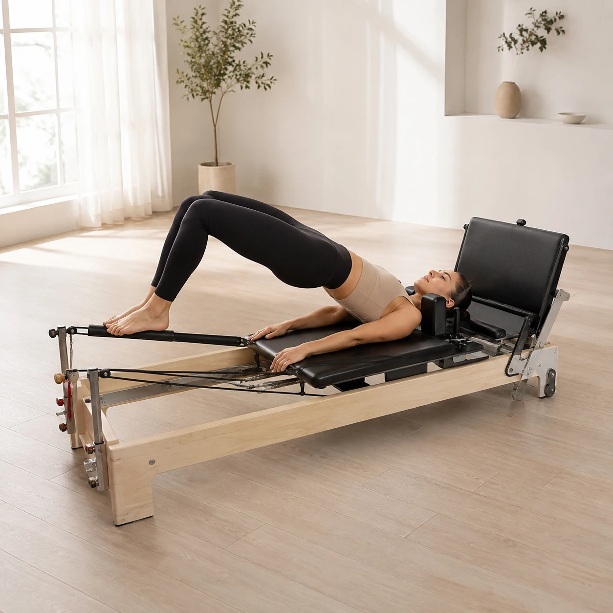 Premium Wooden Pilates Reformer Machine for Home Gym, Adjustable Resistance & Smooth Sliding Design for Full Body Training