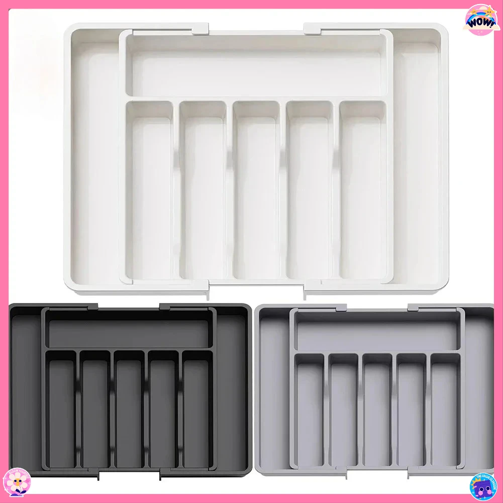 Expandable Kitchen Utensil Storage Box - New Upgraded Plastic Tray with Adjustable Compartments,Household Cutlery Drawer Divider