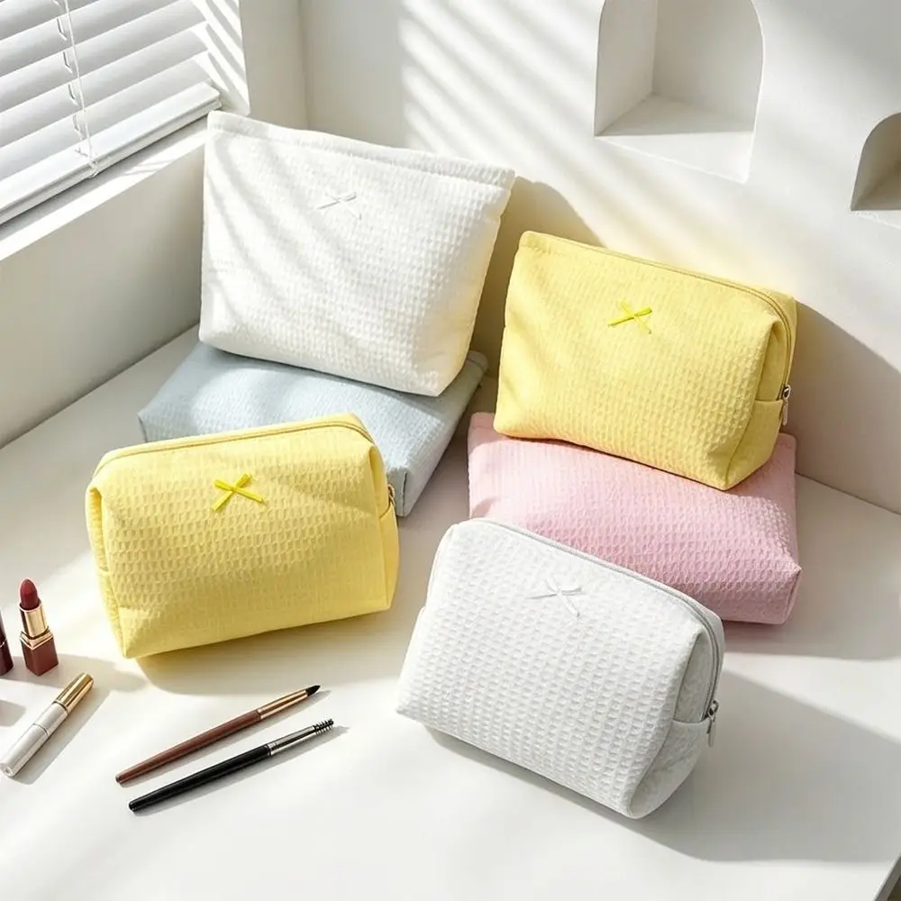 1pc High Quality Waffle Knit Makeup Bag Bow Large Capacity Toiletry Bag Cosmetic Pouch Home Travel