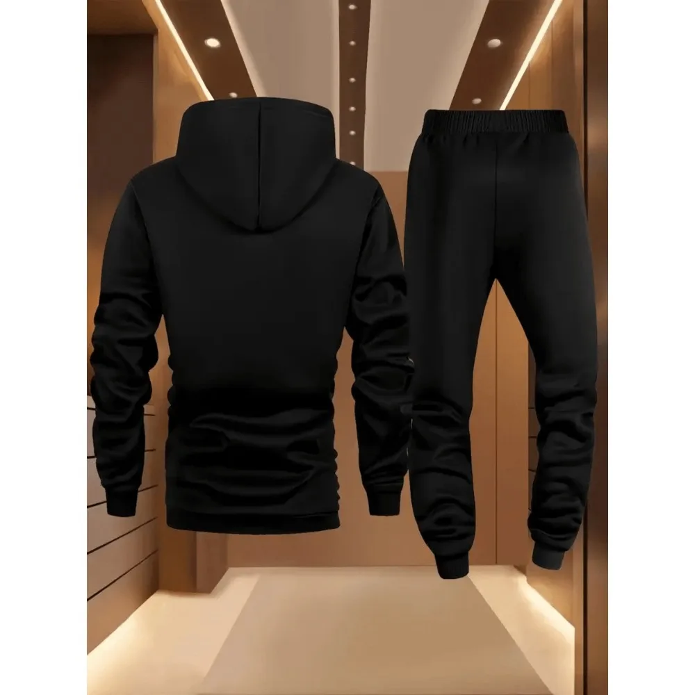 Men's Autumn Winter Hooded Sweatshirt Set Casual Sportswear Trendy American High Street Printed Jacket And Pants Full Set view 4