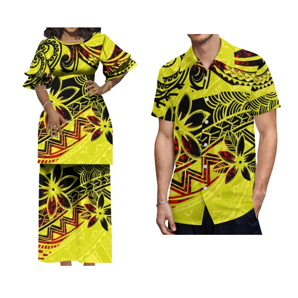 2024 New Puletasi Polynesian Couple Set For Women Puletasi Tribal Line Set Skirt Loose Top And Skirt Hawaiian Men'S Shirt