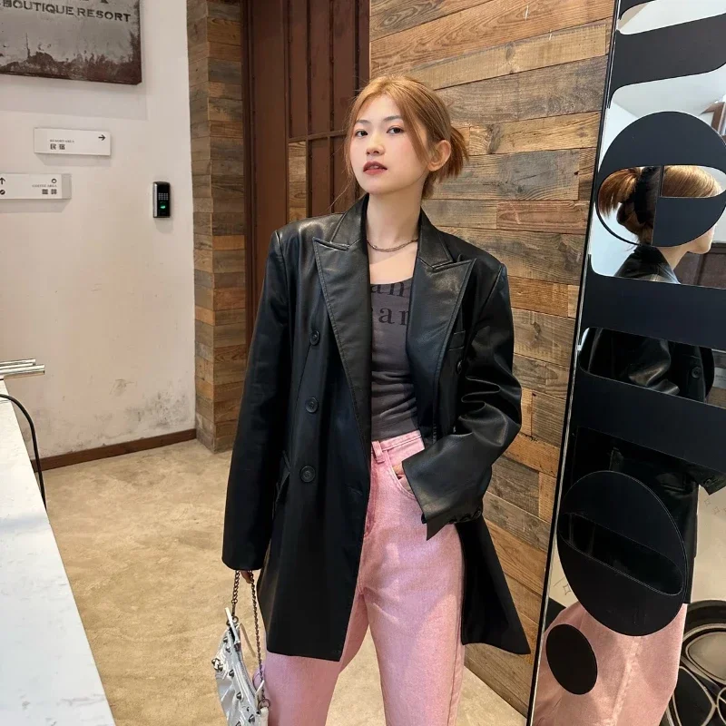 Fashion party 2024 Spring New Black Leather Suit Jacket Pu Leather Suit Casual Blazer Top Female Streetwear Coats Women Clothing