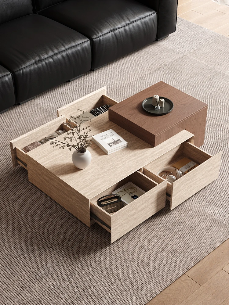 XL Solid Wood Coffee Table For Living Room, Home Use, Travertine Stone, High-End Feel, Adjustable Height, Storage Tea Table