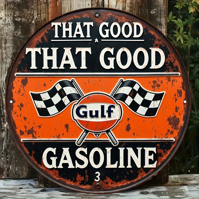 مسطح ثنائي الأبعاد، [مسطح] قطعة واحدة من لافتة معدنية عتيقة تعمل بالبنزين الخليجي - 20.32 × 20.32 سم ديكور حائط من الألومنيوم مع تصميم سباق، مثالي