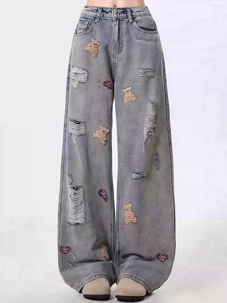 Y2K Streetwear Jeans larghi con ricamo strappato Pantaloni in denim da donna a gamba larga vintage hip-hop Harajuku