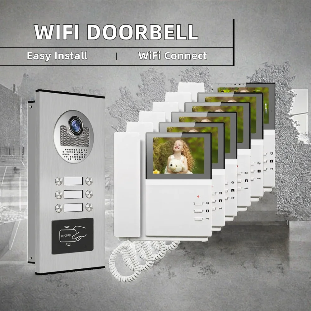 Video Door Phone System RFID Card Unlock Color 3-Button Intercom for Multi-Family Wifi Doorbell