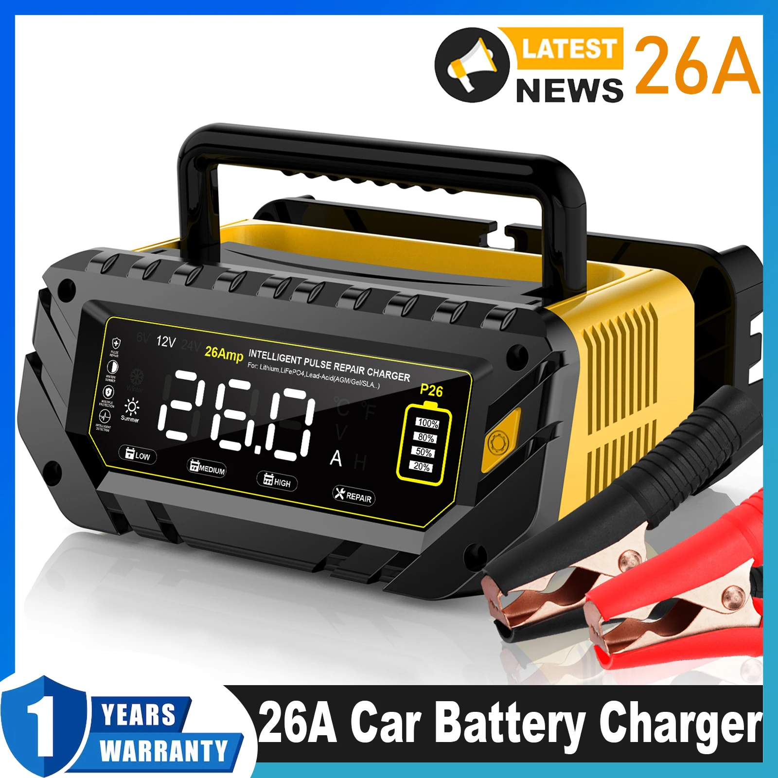 

Зарядное устройство для автомобильных аккумуляторов 6В-12В-24В 26А для литиевых, LiFePO4, свинцово-кислотных, SLA, гелевых, AGM аккумуляторов, умное зарядное устройство с функцией восстановления и поддержания заряда