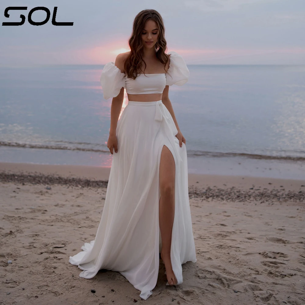 Sol zwei Stücke einfaches Strand hochzeits kleid für Frauen Laternen ärmel Chiffon Brautkleid hoher Schlitz vestido de novia