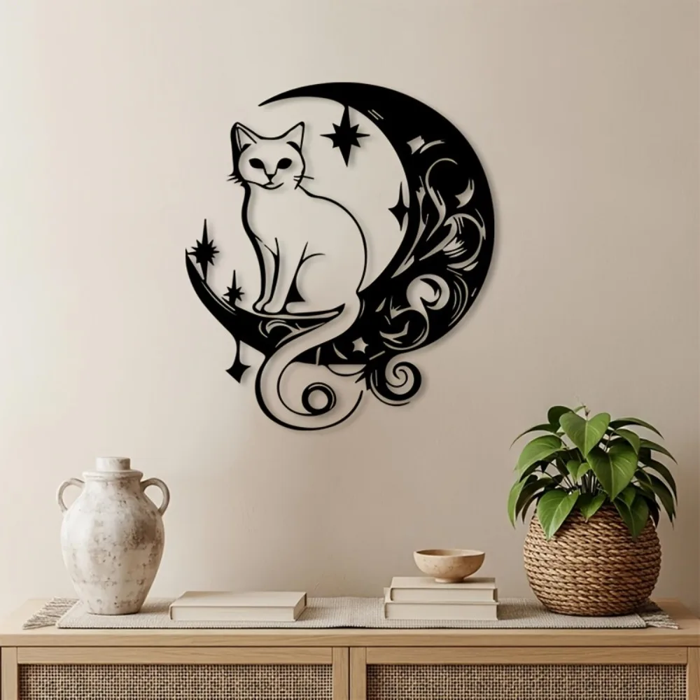 CIFBUY Metal Wall Art Cat Moon Silhouette Rustic Black Iron Sculpture Outdoor Garden Decor Halloween Living Room Zoo Gift