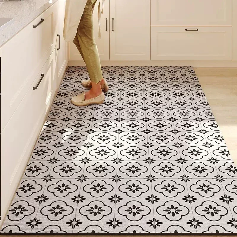 Kitchen Carpet Non-slip Large Pvc Waterproof Floor Mat Leather Oil-proof Foot Mats Black White Chessboard Home Decoration Rug