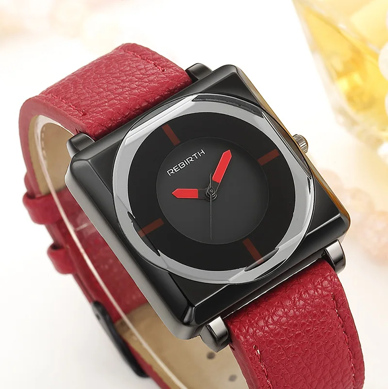 REBIRTH 116 L Women's Quartz Watch Fashionable and Unique Square Pointer Waterproof Leather Strap Wristwatch