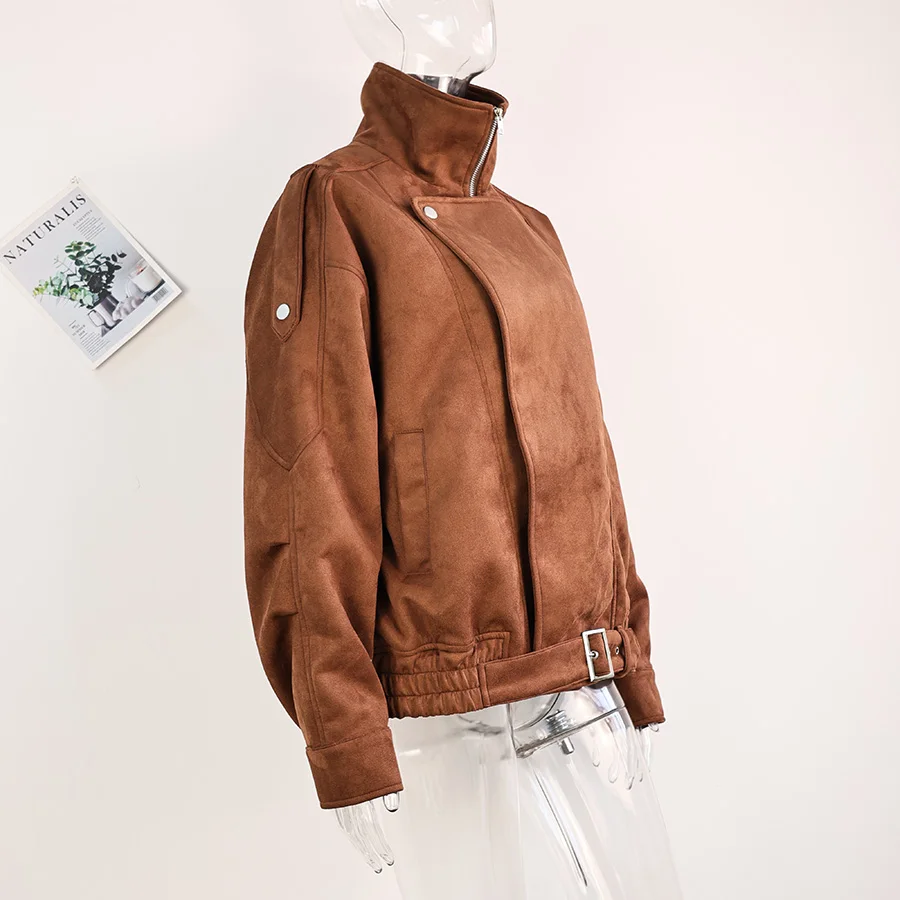 Vintage-Jacke aus massivem Kunstwildleder mit Reißverschluss für Damen, modisch, elastische Taille, Taschen, Reverskragen, locker geschnittener Mantel, Damen-Alltags-Street-Outfit. – Detail 25