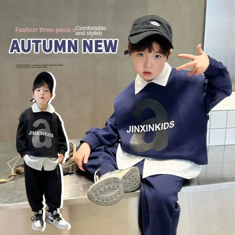 3-14 Years Old Boy Fashion Letter Shirt Coat Pants Handsome Casual Three-Piece Suit Spring and Autumn Kids Clothes Boys