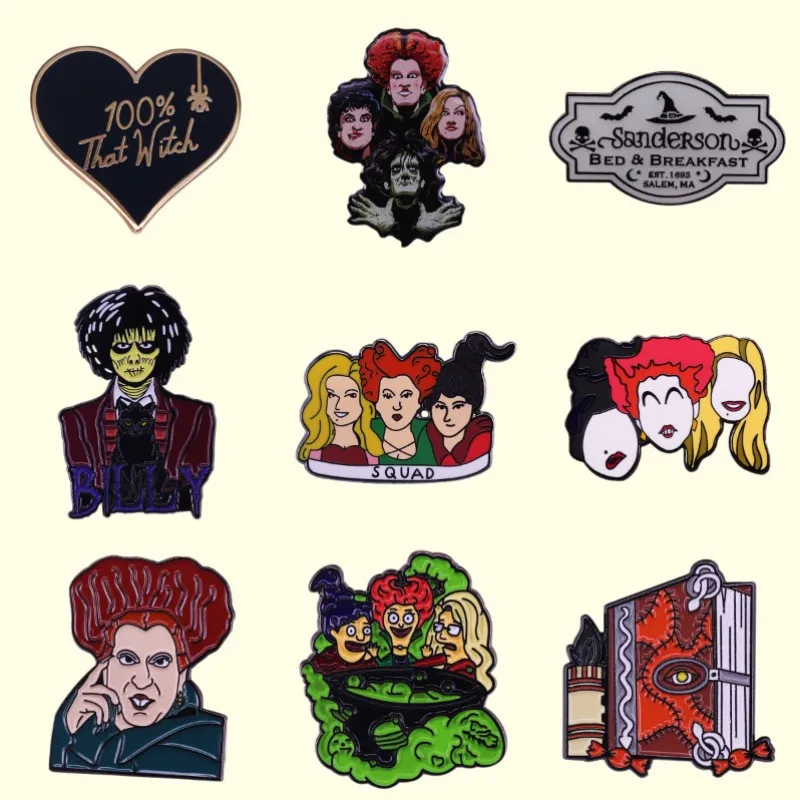 Perfect Quality Movies Enamel Pins Sanders0n Sisters Halloween Saints Billy Butchers0n Witch Spell Book Lapel Badge Jewelry Gift