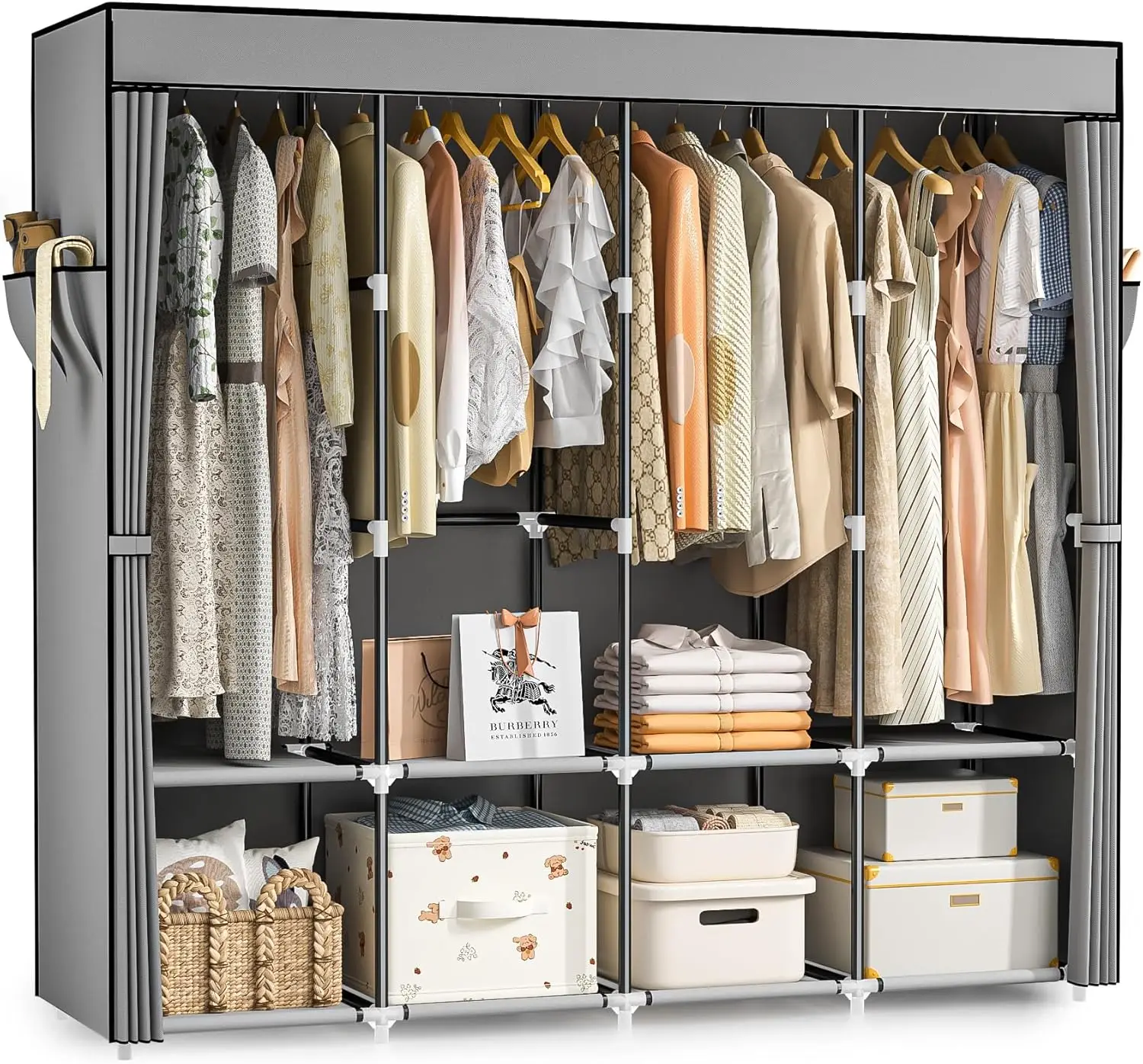 

Portable Closet, 66 Inch Large Capacity Wardrobe for Closet Organizers and Storage , 4 Hanging Rods, 8 Shelves(Grey)