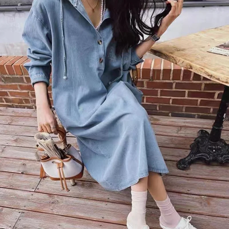 Korean Style Spring 2025 Long Sleeve Hooded Denim Dress Casual Max-Length Jeans Women\'s Fashion Robe Female Clothing K6206