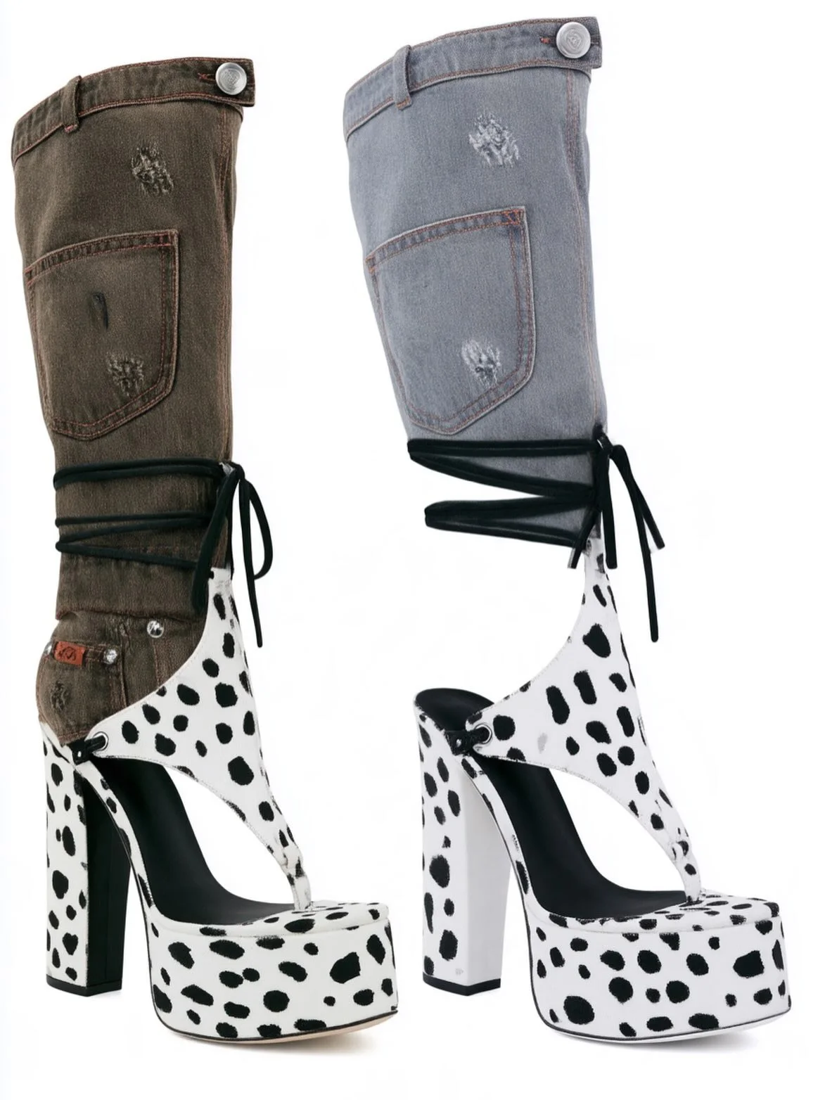 Cross Strap Zebra Stripe Trendy Thick Heel Open Toe Sandals Jeans Knee High Fashion Show Knee High Boots Women Shoes 44