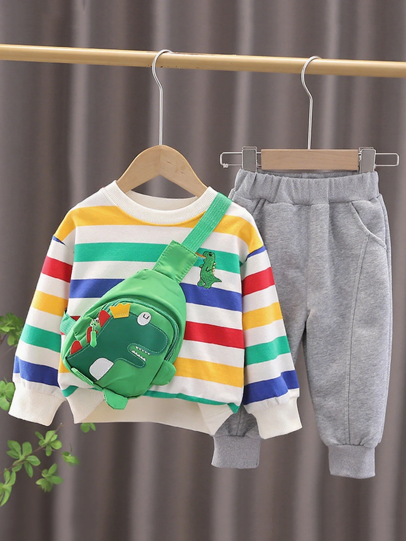 Children's Classic Striped Dinosaur Pattern Embroidered Long Sleeve Long Pants Two-Piece Set Not including Bag