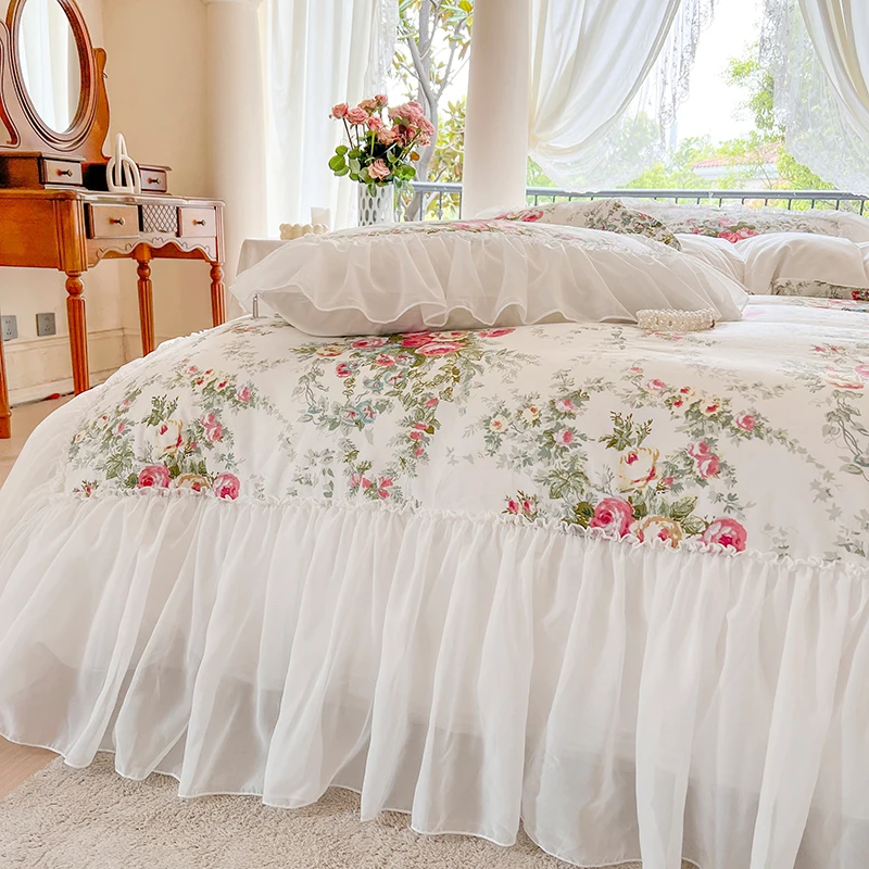 Rose Flowers Print Bedding Sets Korean Style 100%Cotton Luxury Princess Lace Ruffles Duvet Cover Bed Skirt Bedspread Pillowcases