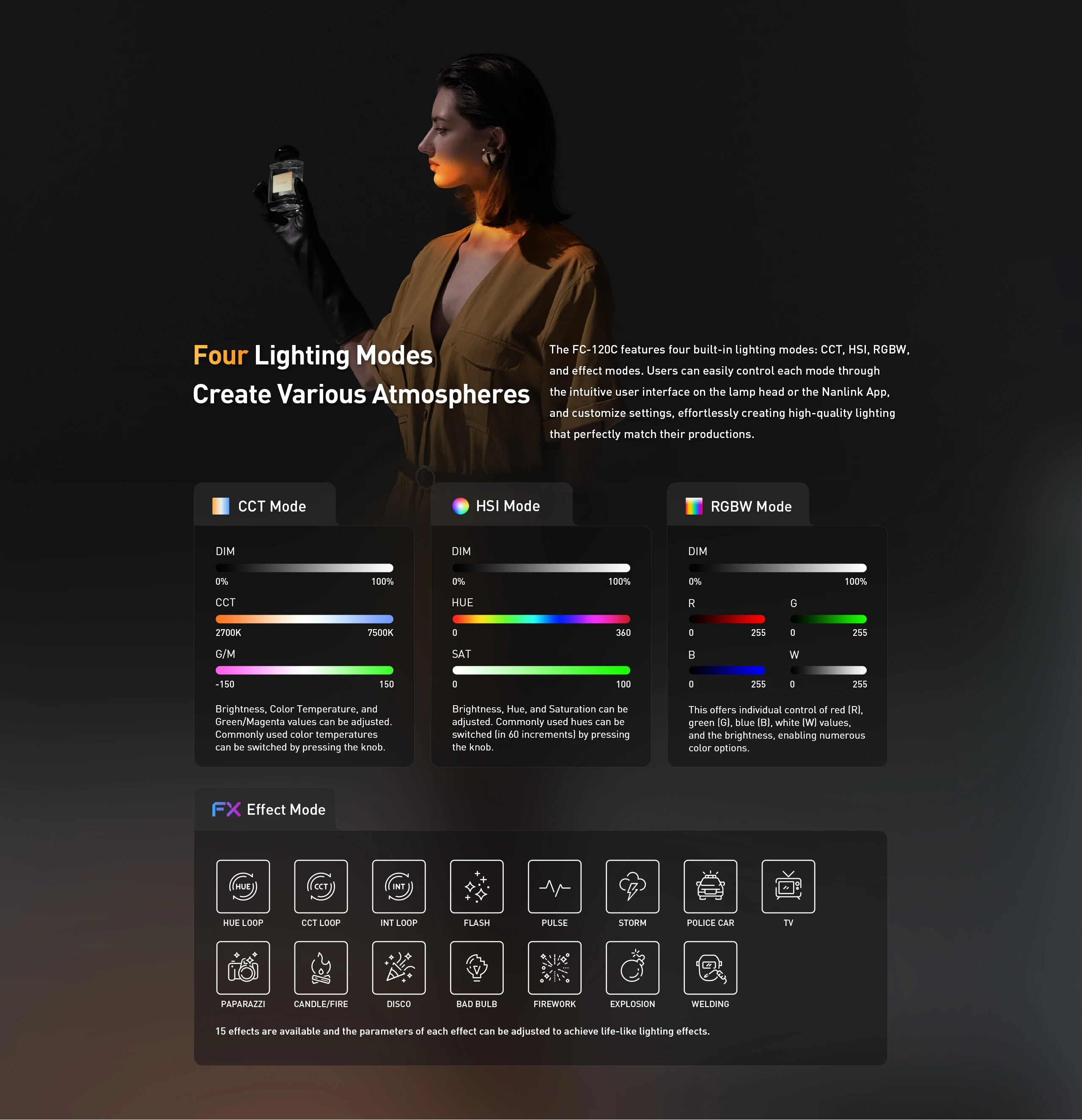 Nanlite FC-120C RGBW 2700K-7500K التصوير الفوتوغرافي الاحترافي ملء الضوء لاستوديو الفيديو البث المباشر في الهواء الطلق